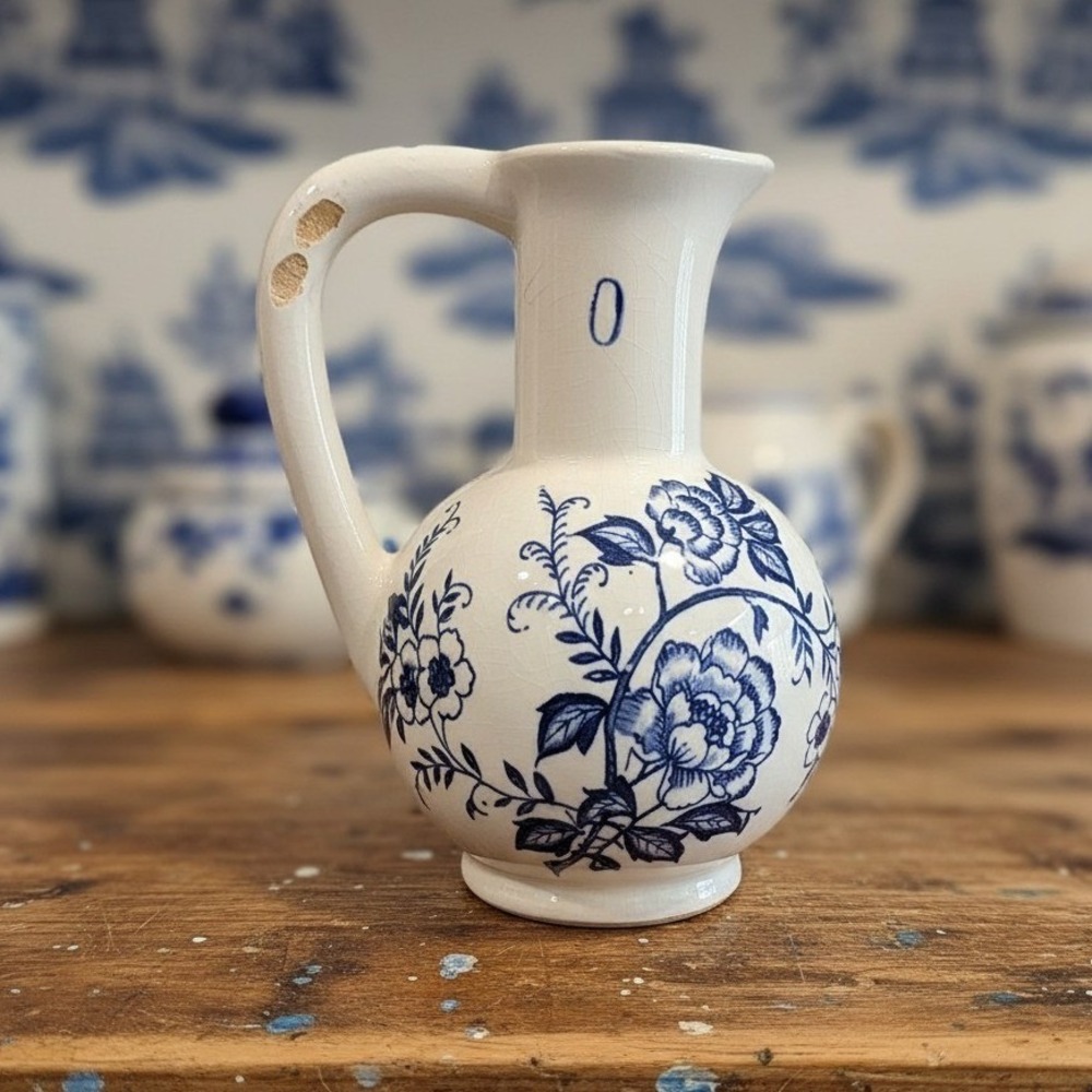 Blue Peony Oil Cruet, Handpainted Floral Oil Bottle, Vintage Floral Home Decor